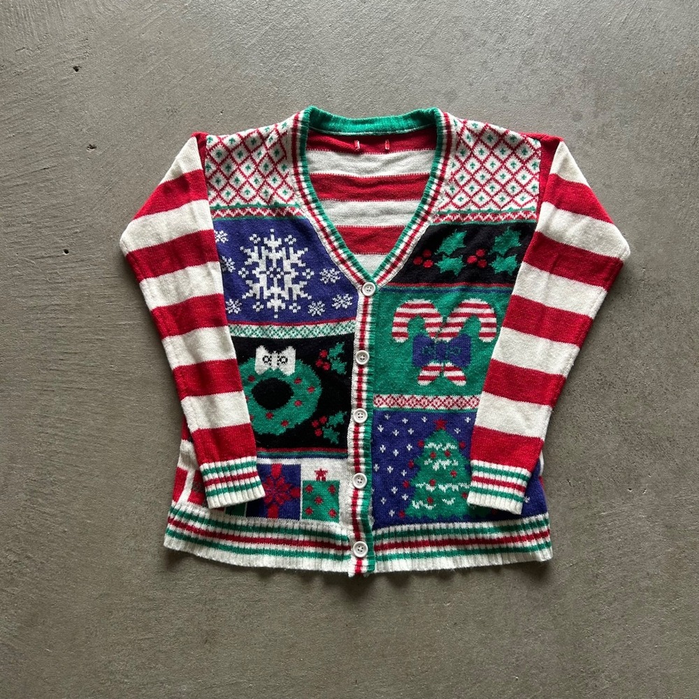 Vintage Christmas Cardigan Sweater Size Small Multicolor Striped Holiday